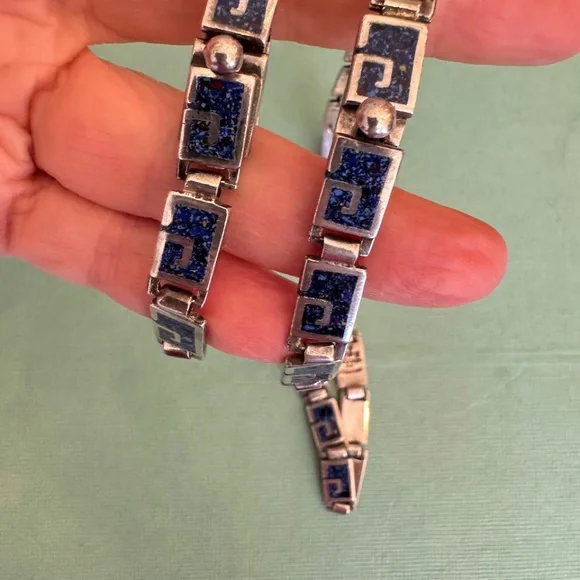 Margot de Taxco Mosaic Blue Enamel Sterling Silver Necklace and Bracelet Set